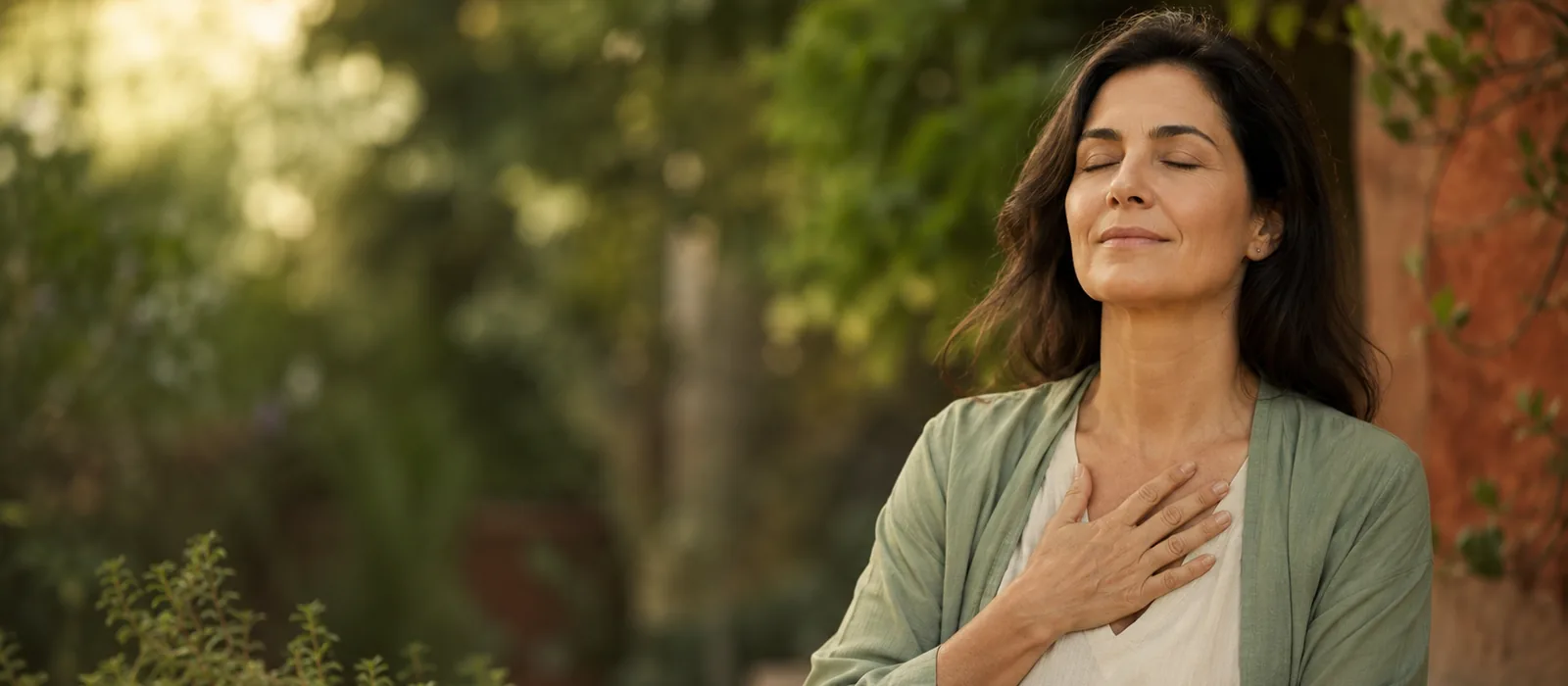 Mujer sentada en calma en un jardín al atardecer, con una mano sobre el centro del pecho — test de salud del corazón desde la medicina tradicional china