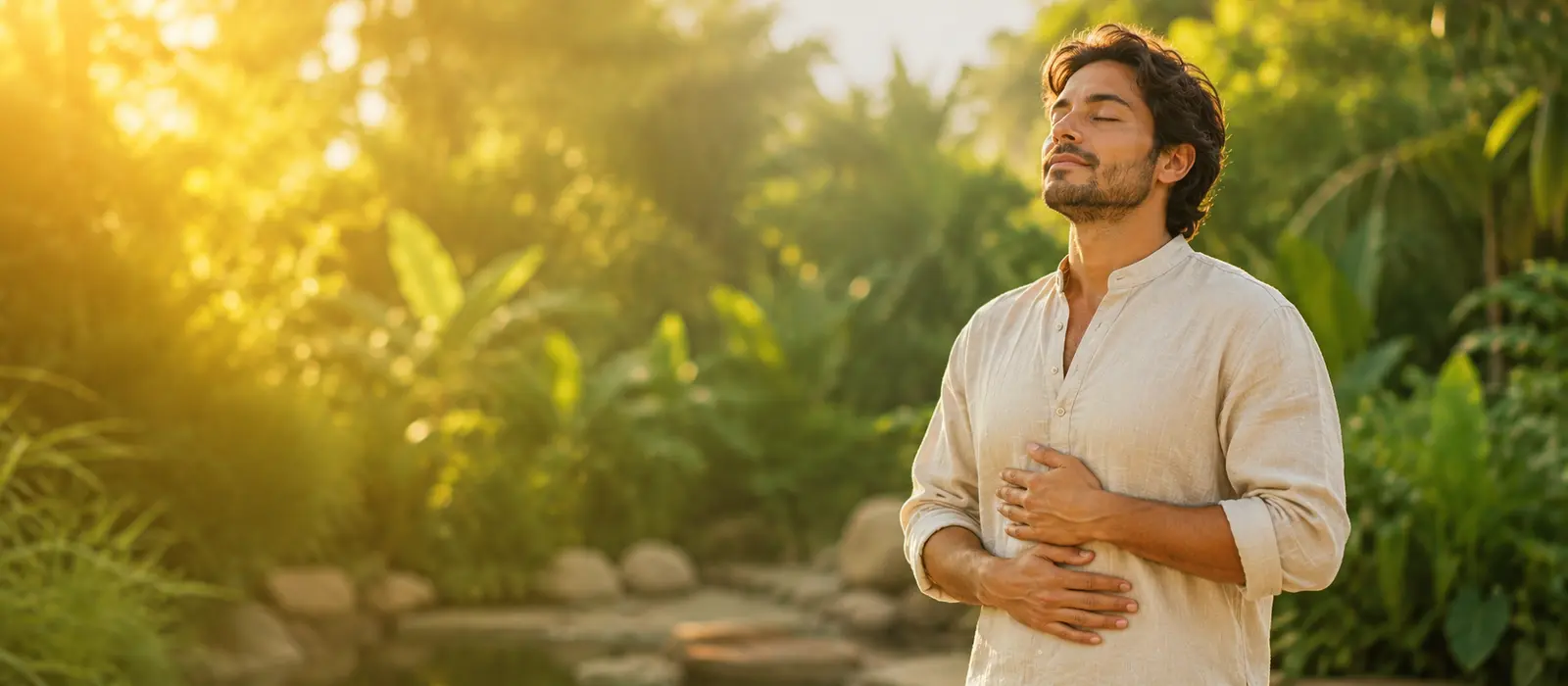 Hombre respirando en calma en un jardín al atardecer con las manos sobre el abdomen — test de energía, cansancio y síntomas del bazo desde la medicina tradicional china