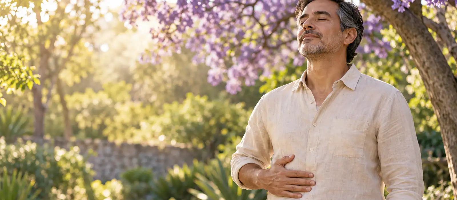 Hombre de pie bajo una jacaranda en flor, con la mano sobre el costado derecho bajo las costillas — test de salud del hígado desde la medicina tradicional china