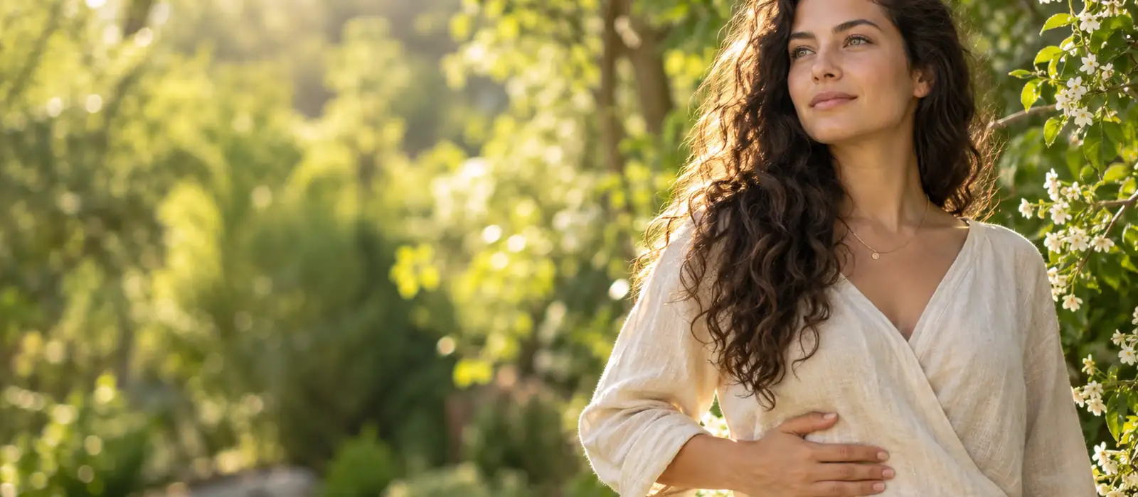 Mujer de pie entre vegetación de primavera con flores blancas, con la mano sobre el costado bajo las costillas — test de salud de la vesícula biliar desde la medicina tradicional china