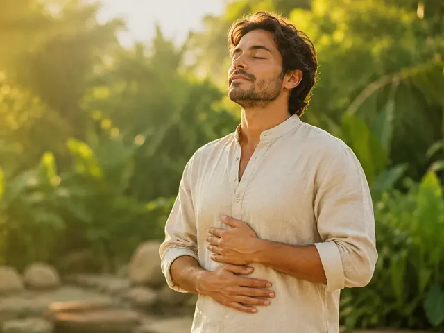 Hombre respirando en calma al atardecer con las manos sobre el abdomen