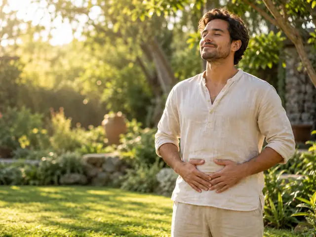 Hombre sonriente en un jardín con las manos sobre el bajo vientre