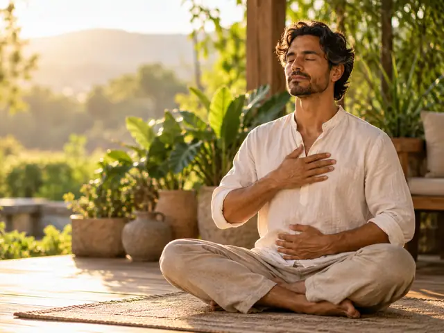 Hombre meditando en una terraza con una mano en el pecho y otra en el vientre