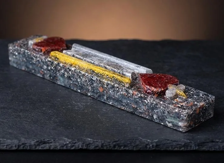 Barra radiónica crística de orgonita con minerales claros y detalles de cobre, sobre pizarra oscura