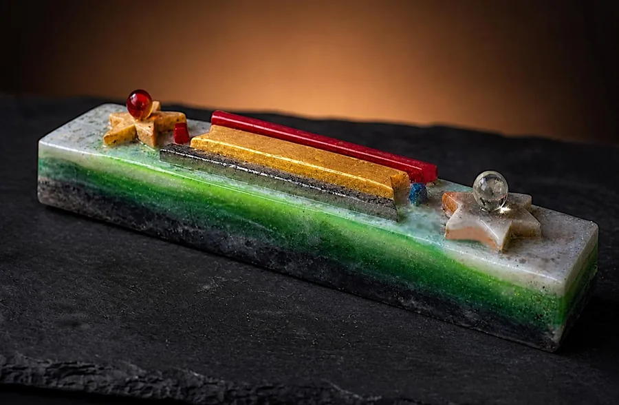Barra radiónica de magia divina con estrellas de cinco puntas y esferas de cristal en los extremos
