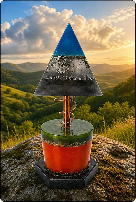 Chembuster con pirámide de orgonita azul y plata sobre base cilíndrica multicapa naranja