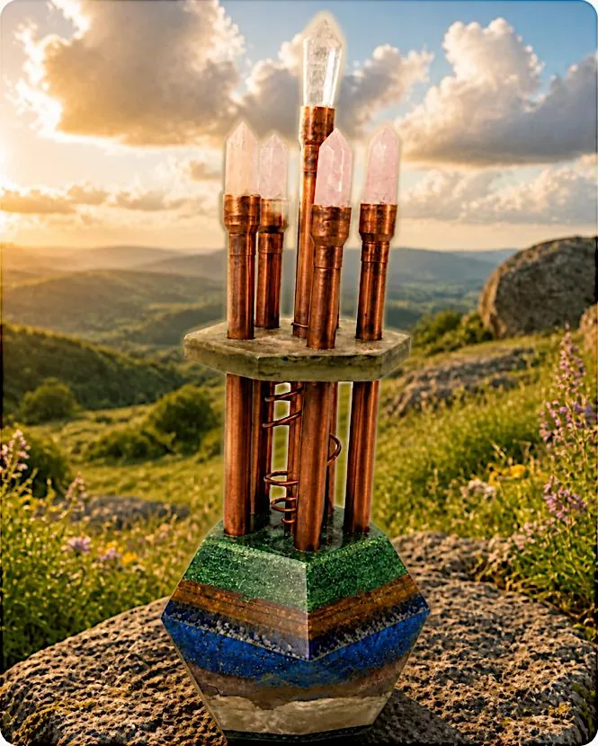 Torre chembuster con puntas de cuarzo rosa y tubos de cobre sobre base dodecagonal de colores, en un paisaje de montaña