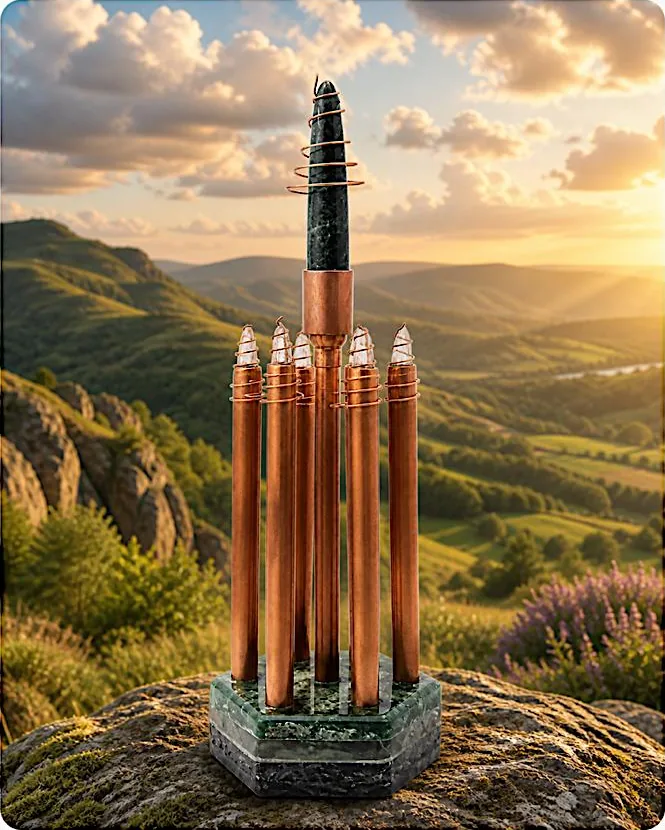 Torre chembuster de tubos de cobre con cristal verde central y espiral, sobre base hexagonal en un paisaje de montaña