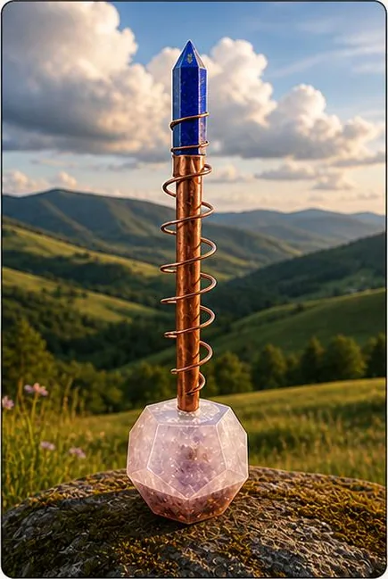 Vara chembuster con punta de lapislázuli azul, espiral de cobre y base dodecagonal de orgonita