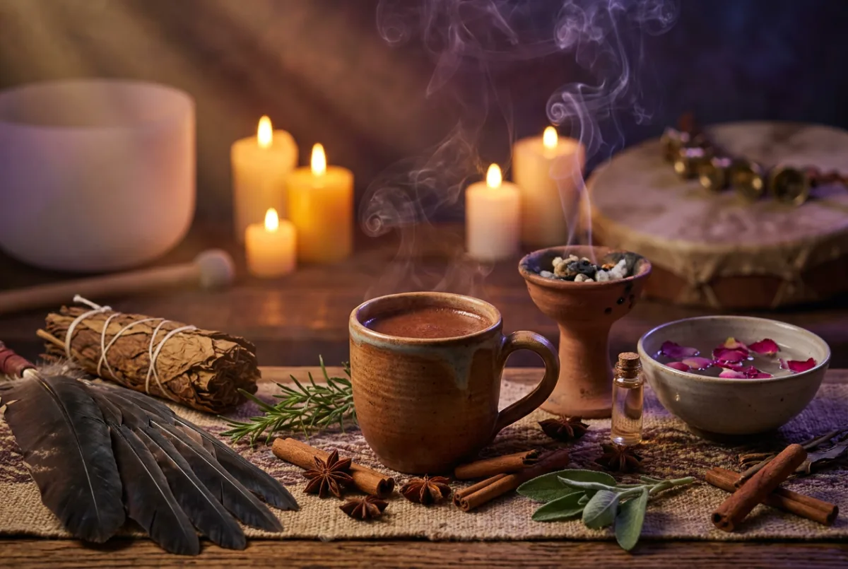 Círculo de ceremonia de cacao con velas, copal y elementos naturales