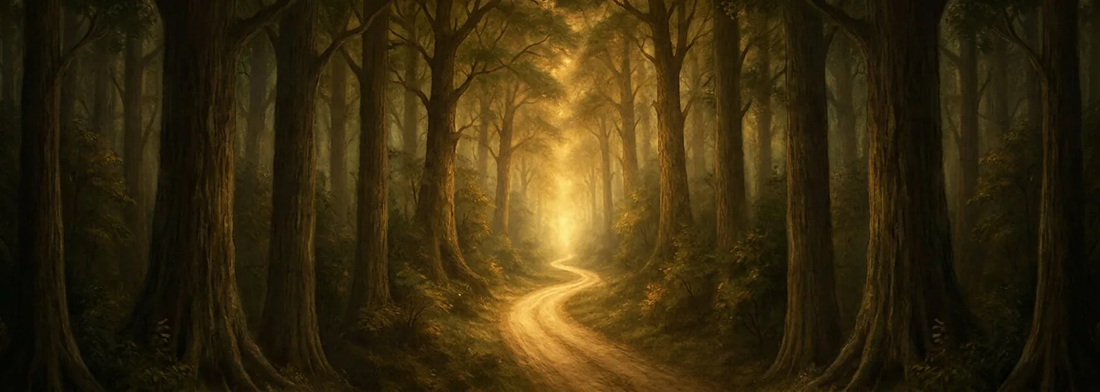 Sendero de tierra que atraviesa un bosque de árboles altos hacia una luz dorada al fondo
