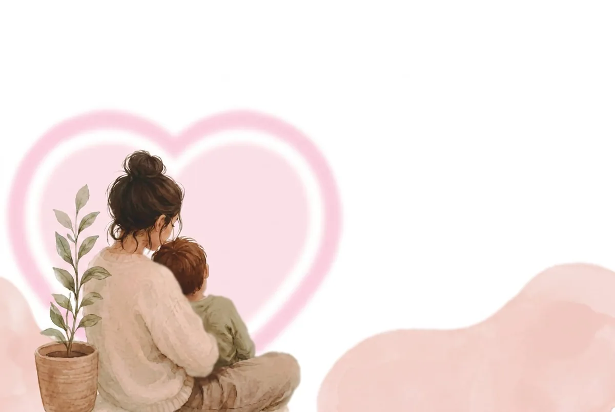 Ilustración en acuarela de una mujer abrazando a un niño, de espaldas, frente a un corazón dibujado en rosa