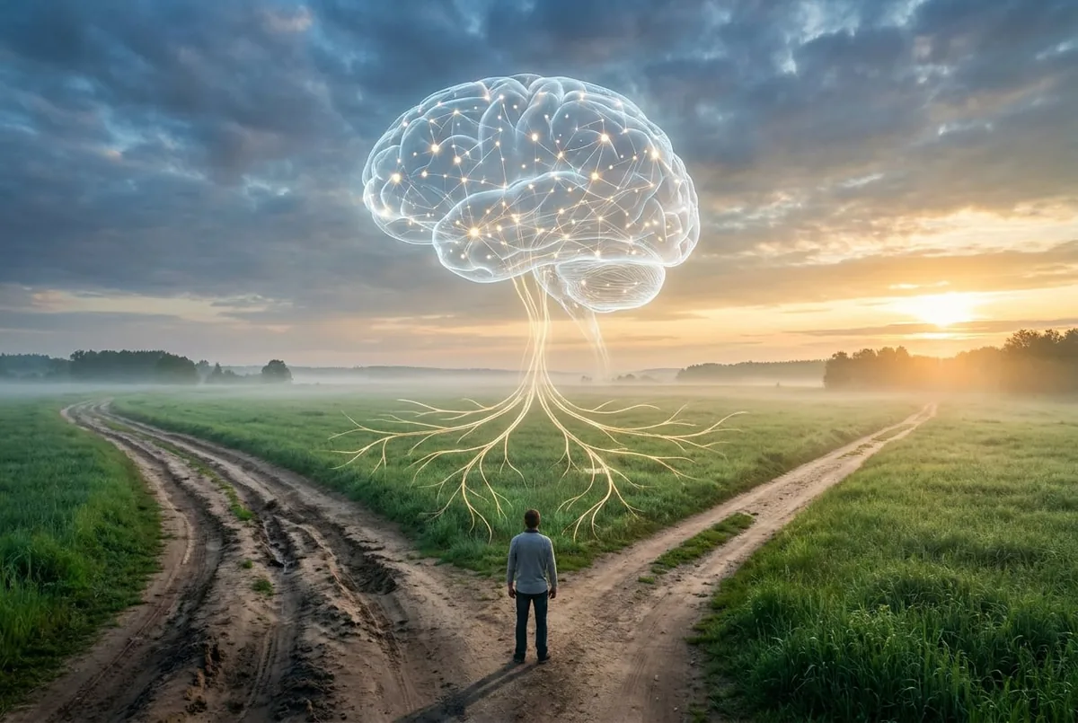 Un cerebro luminoso con raíces suspendido sobre un camino que se bifurca al amanecer, con una persona de pie ante la bifurcación