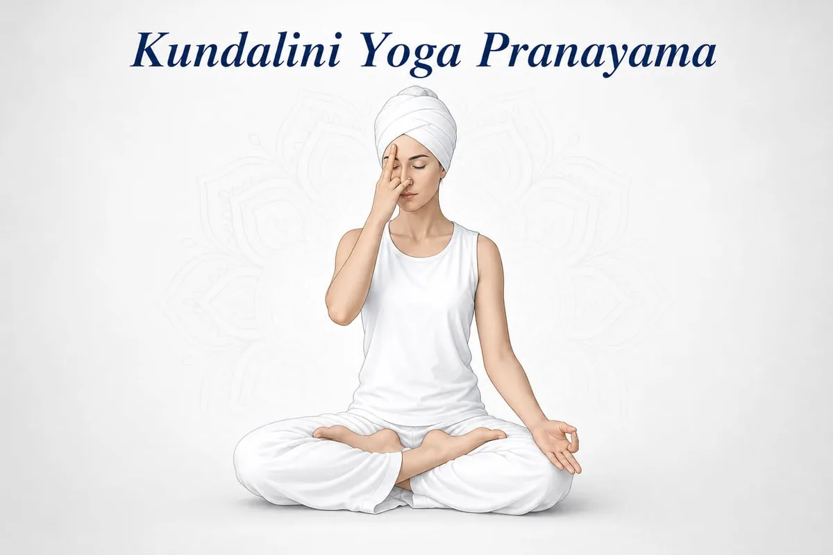 Ilustración de una practicante de Kundalini Yoga en flor de loto realizando respiración alterna sobre un mandala