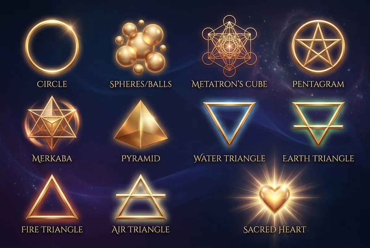 Las once formas de geometría sagrada de Centro Cauce: círculo, esferas, cubo de Metatrón, pentagrama, merkaba, pirámide, los triángulos de agua, tierra, fuego y aire, y el corazón sagrado
