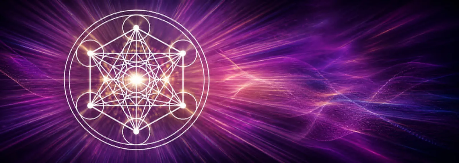 Cubo de Metatrón trazado en líneas de luz sobre un fondo de haces violeta y ondas de energía