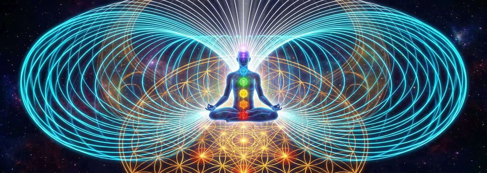 Figura en meditación con los siete chakras encendidos, envuelta en un campo toroidal de energía sobre la Flor de la Vida